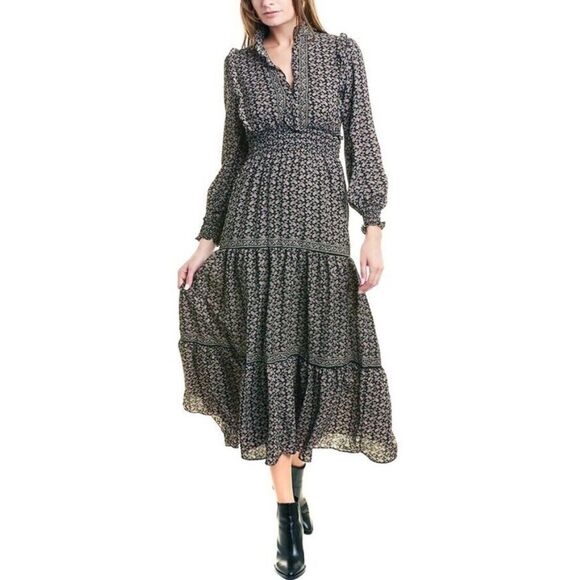 Max Studio Women's Crepe Long Sleeve Smocked Midi Dress size medium
